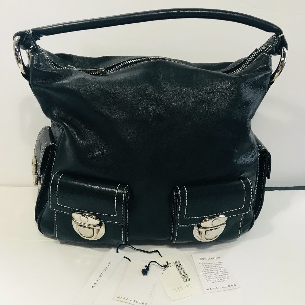 Marc Jacobs Black Leather Handbag Buckles Shoulder Made in Italy w/ Tags